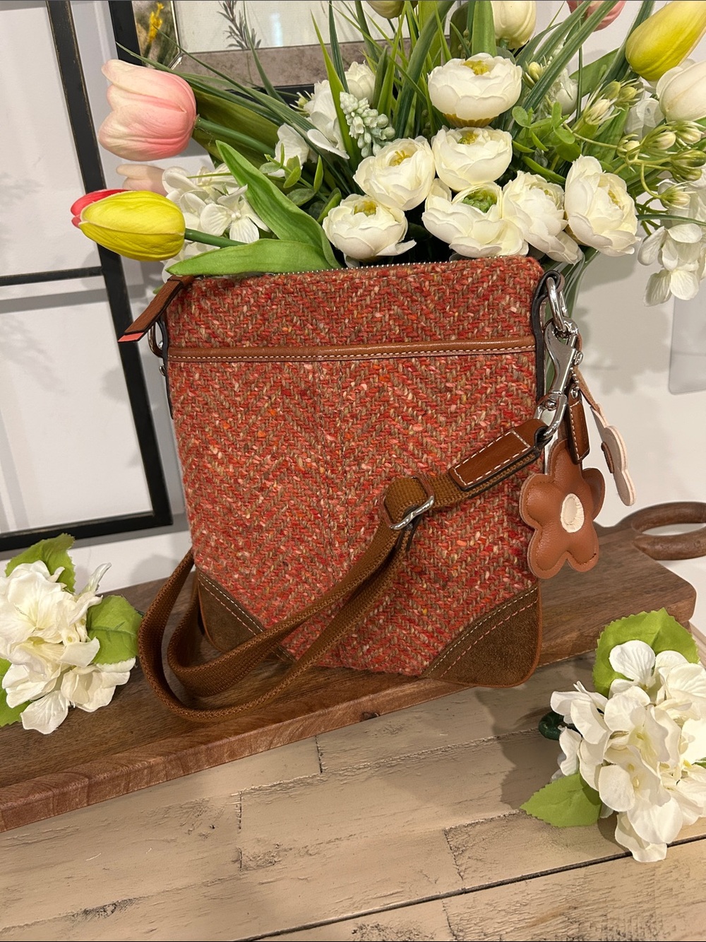 Coach  Tweed Wool Crossbody Bag with Brown Leather Trim and Flower Charm